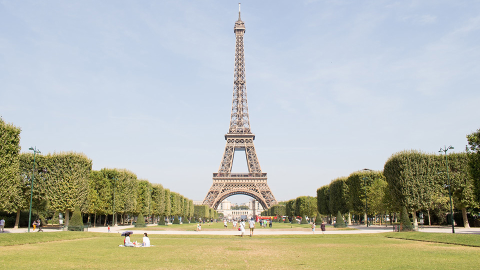 Green grass and hedges and people sat below the Eiffel Tower in Paris